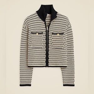 J.Crew Jacquard Sweater-Jacket Tan Black Full Zip Chunky Knit Preppy Luxury